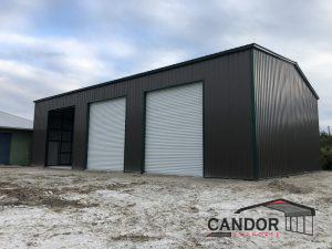 PHOTO 1 - 40'w x 60'd x 16'h Vertical Roof Vertical Sides Doors Open & Closed